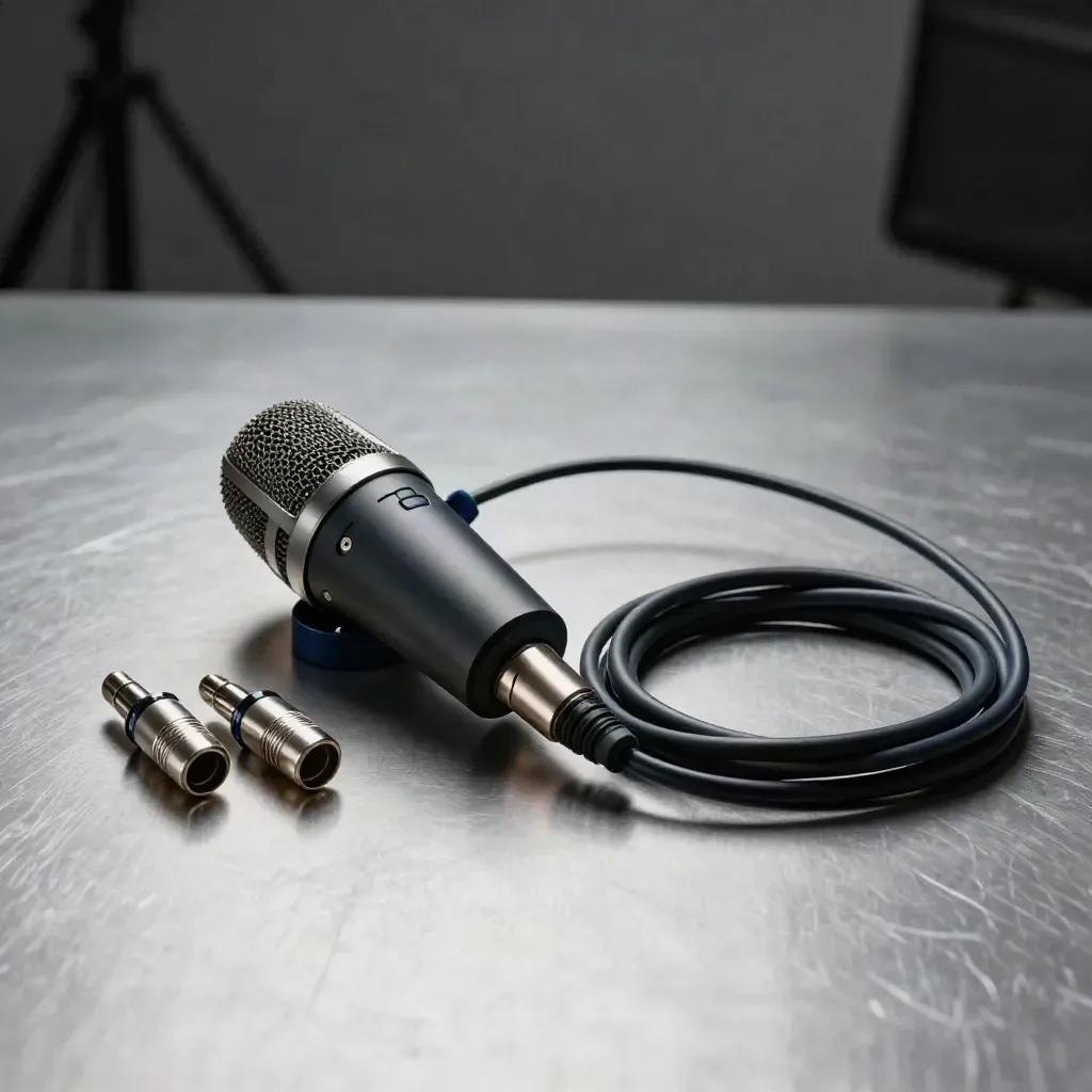 Audio kit still life with microphone, XLR plugs, coiled cable and mount on pewter