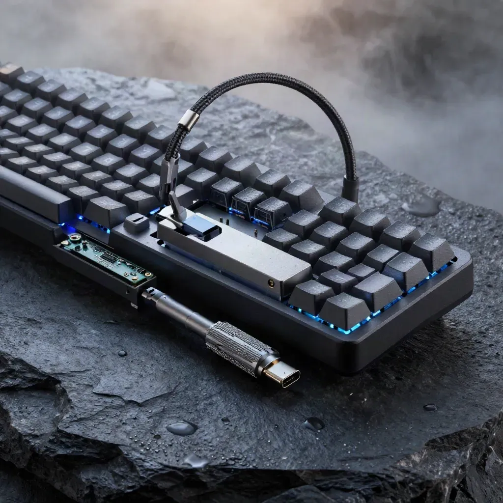 Developer hardware kit on basalt slab with keyboard shell, hub, cable, and tools in misty studio light