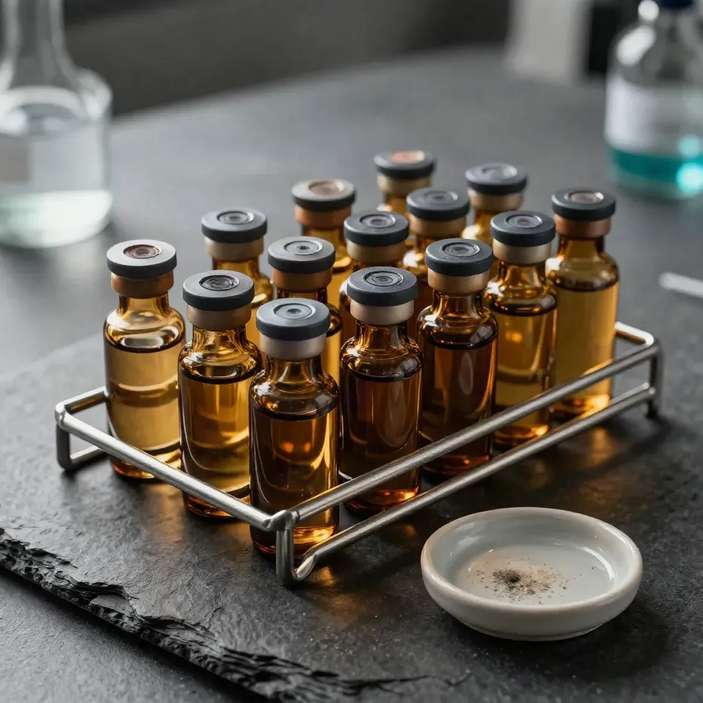 Amber lab vials and stainless rack on charcoal stone with a cool cyan glint.