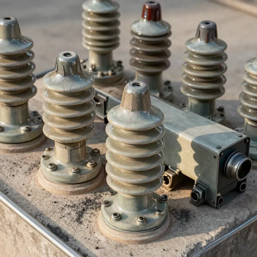 Ceramic insulators, cable glands, braided conduit and a relay block on pale stone.