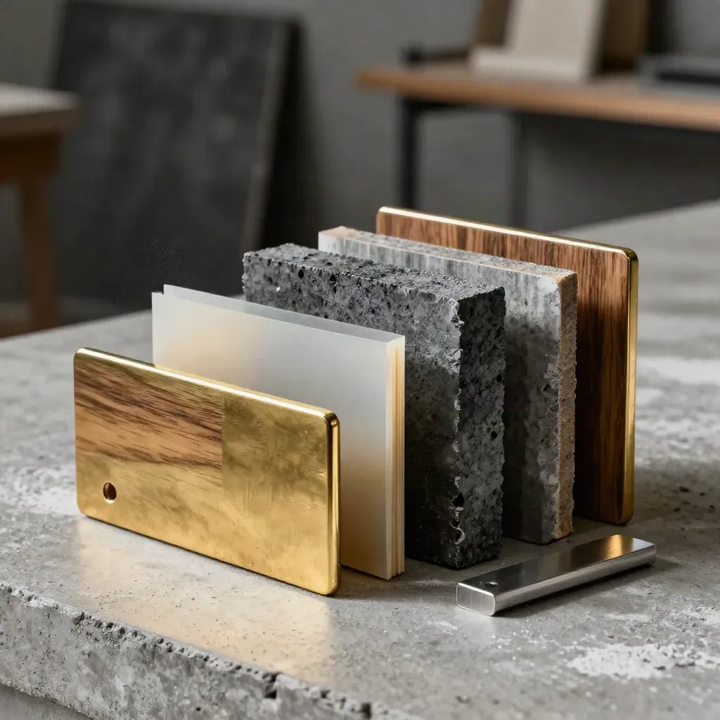 Brass brackets, walnut offcuts, tracing film and graphite samples on a studio workbench
