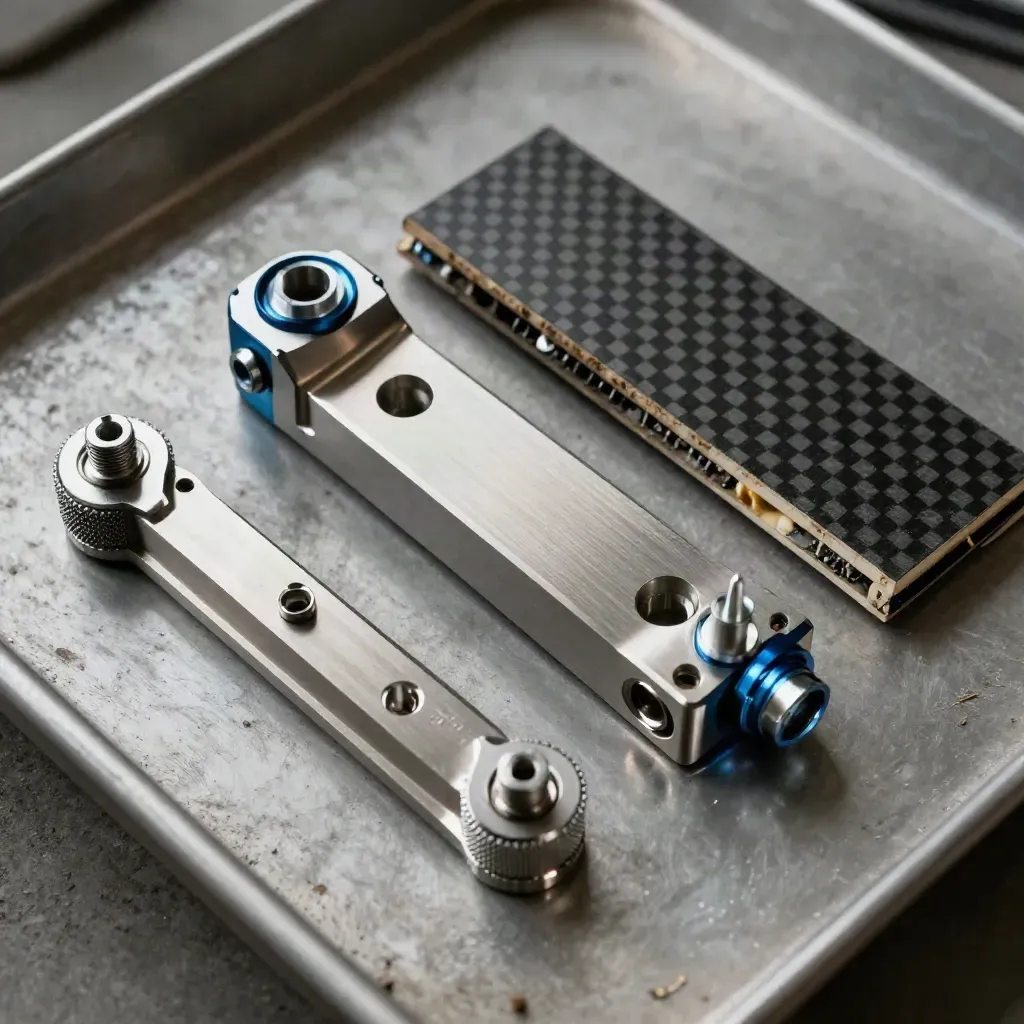 Overhead macro of aerospace fasteners, carbon-fiber offcut and machined bracket on a graphite tray.