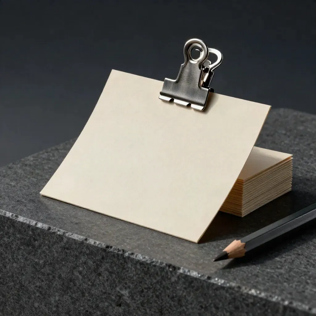 Blank index cards, metal clip, pencil stub and aluminum switch on graphite stone.
