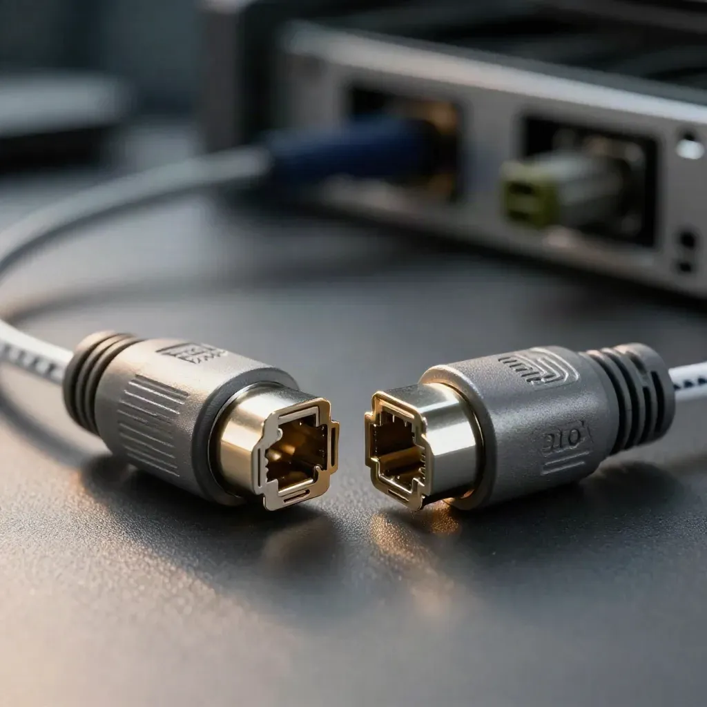 Two graphite port adapters and an ethernet coupler aligned on a matte stone workbench.