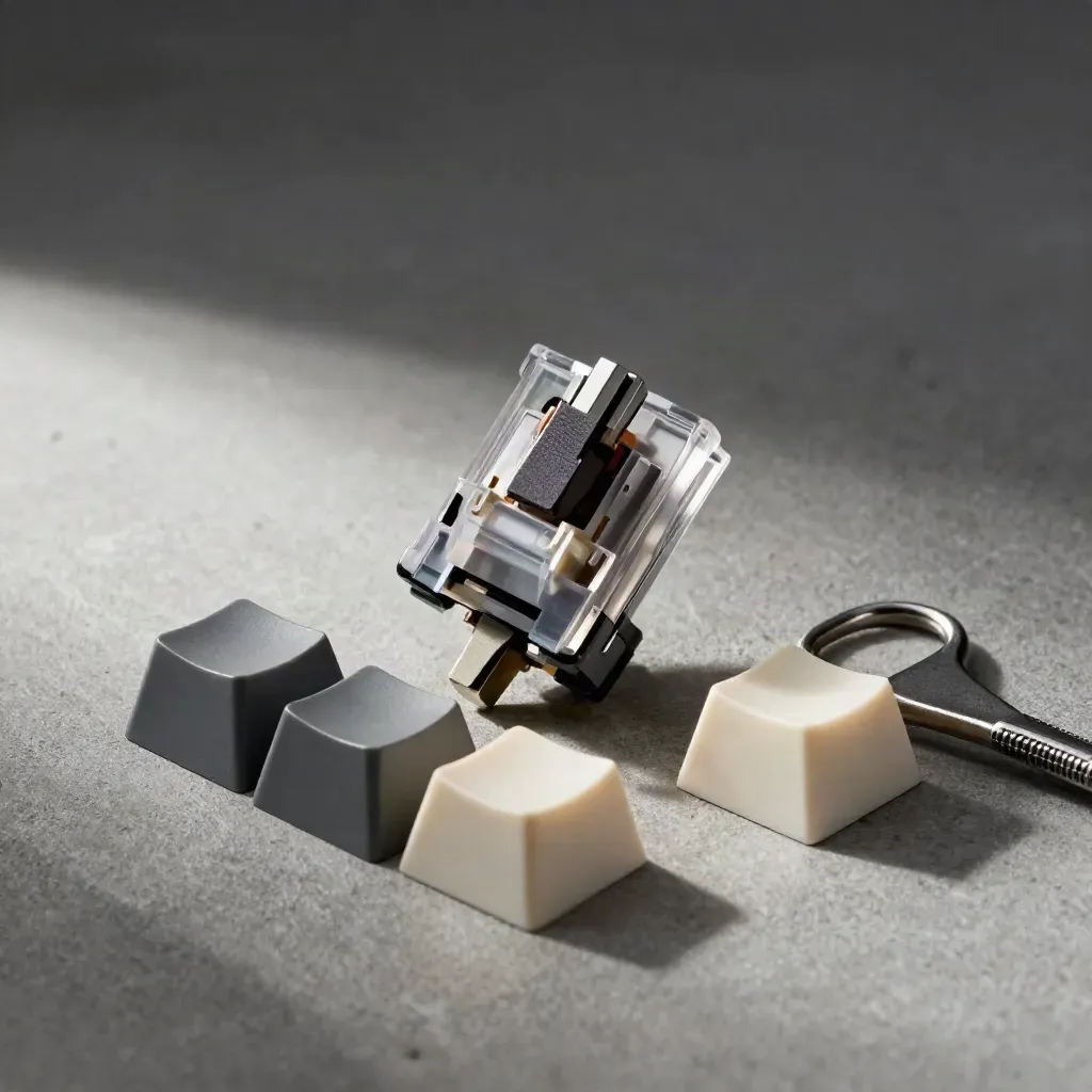 Macro switch tester with blank keycaps and puller on graphite concrete
