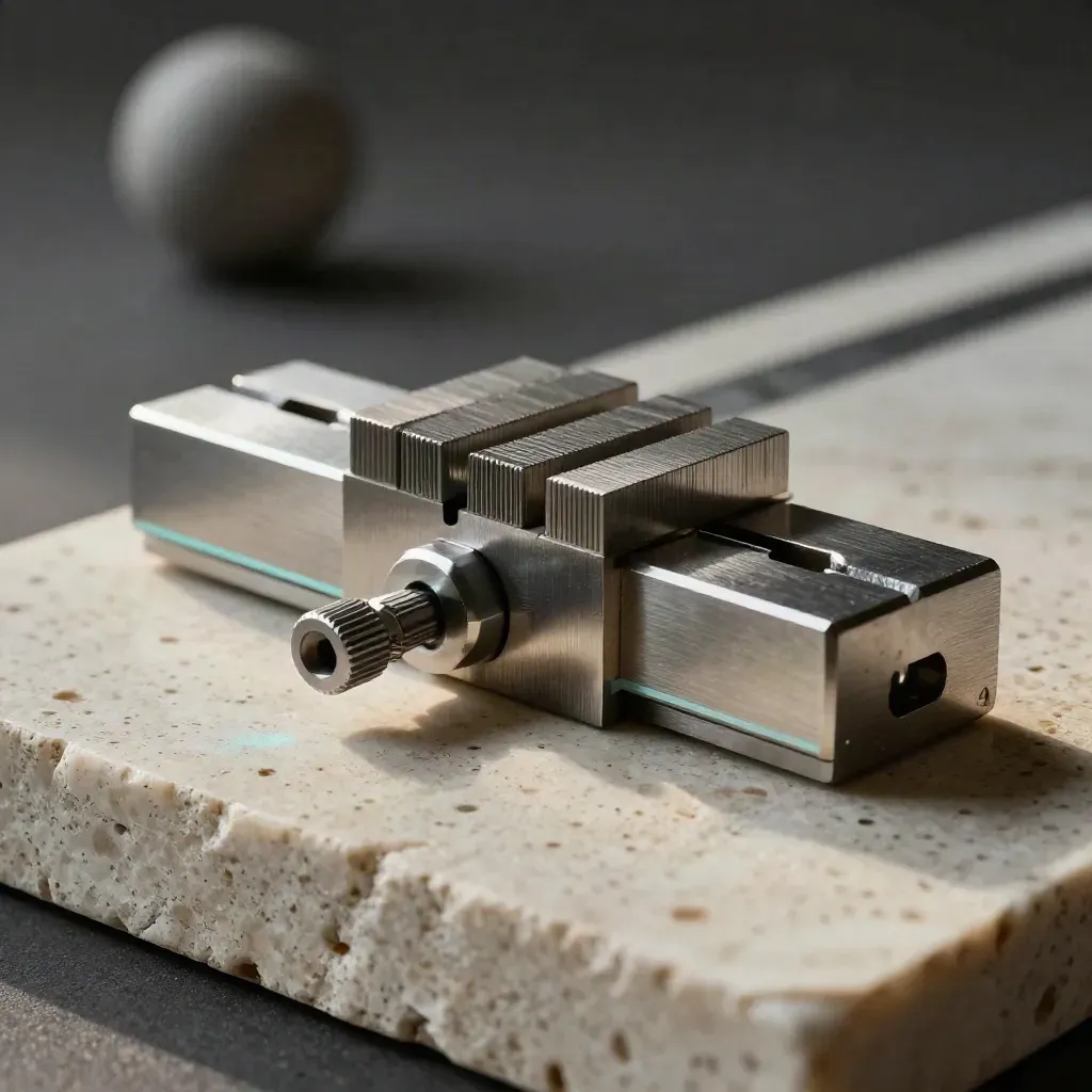 Metrology gauge blocks and a steel fixture on travertine stone with cool cyan highlights