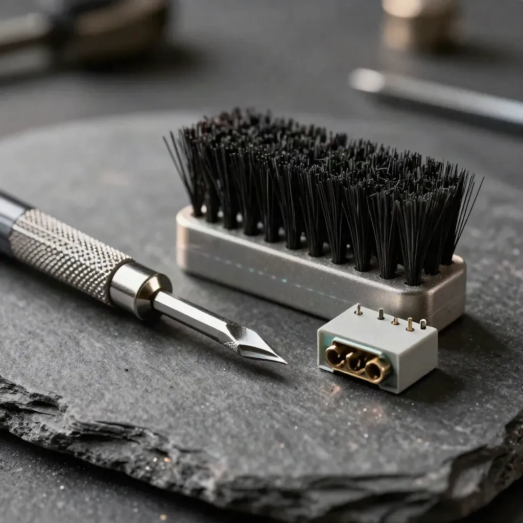 Extreme macro of a screwdriver, anti-static brush, and connector block on graphite stone.