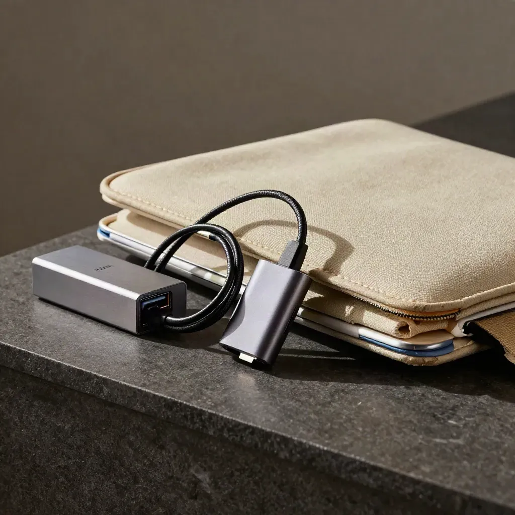 Travel dev kit with power brick, braided cable, hub, stand and sleeve on dark stone