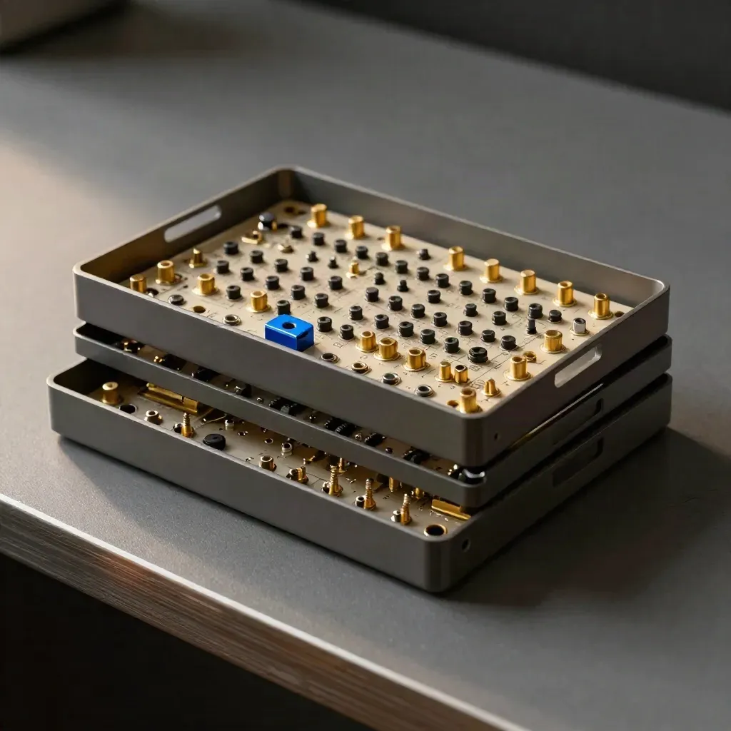 Nested PCB case shell, brass standoffs, and modular trays on a graphite bench under soft side light.