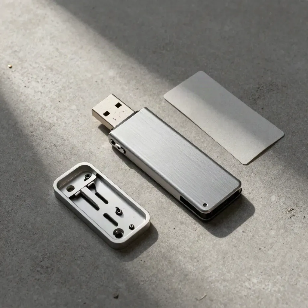 Overhead still life of a USB dongle sliding from its sleeve beside a parts tray on concrete.