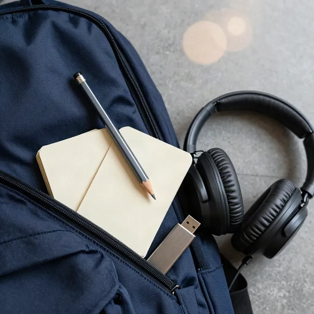 Overhead macro of pencil, flashcards, headphones, and USB drive spilling from a navy backpack pocket.
