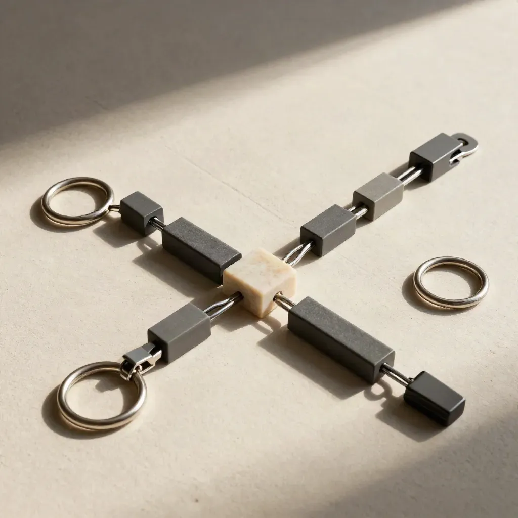 Linked metal rings and graphite cable clips form a diagonal workflow chain on pale stone.