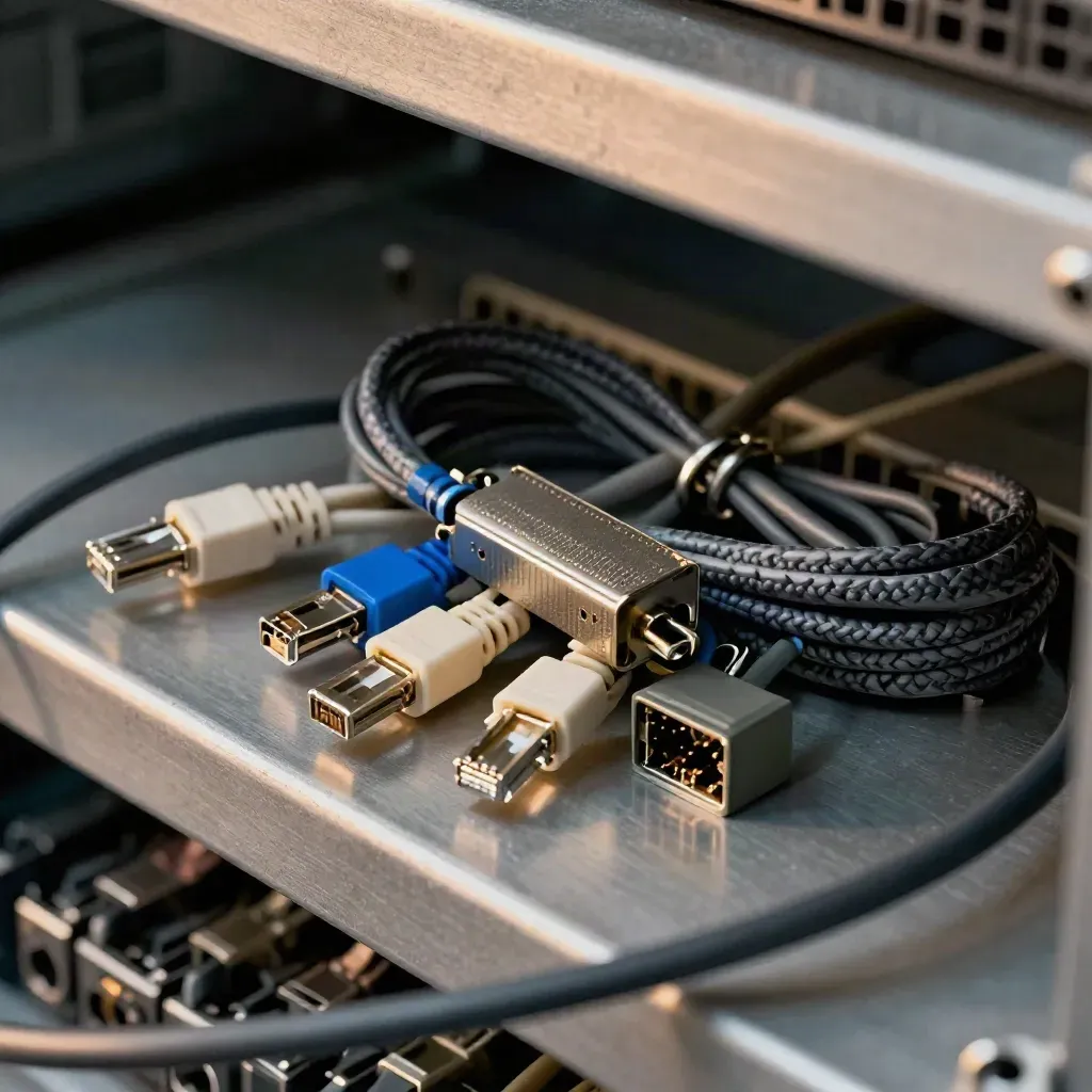 Ethernet patch cords, SFP module and cable clips on a metal shelf with cool blue accents.
