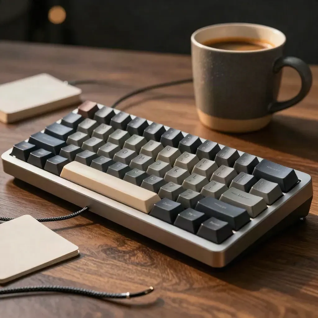 Mechanical keyboard, braided cable, mug and plain cards on walnut under dramatic studio light