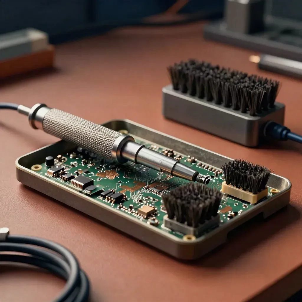 Troubleshooting bench with precision driver, PCB tray, brush and cable tester on a terracotta work surface.