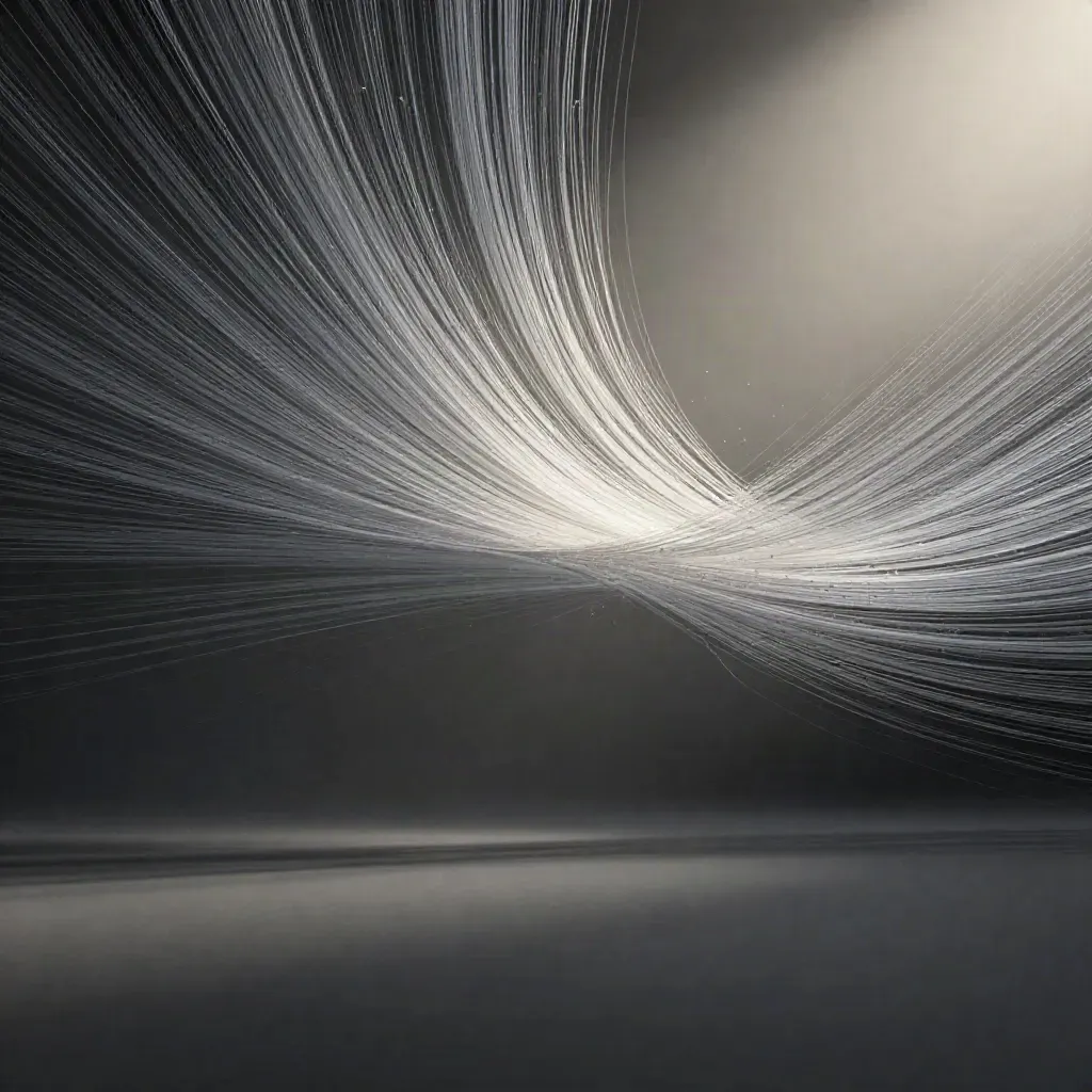 Silver light filaments converging into a soft white bloom in dark graphite space.