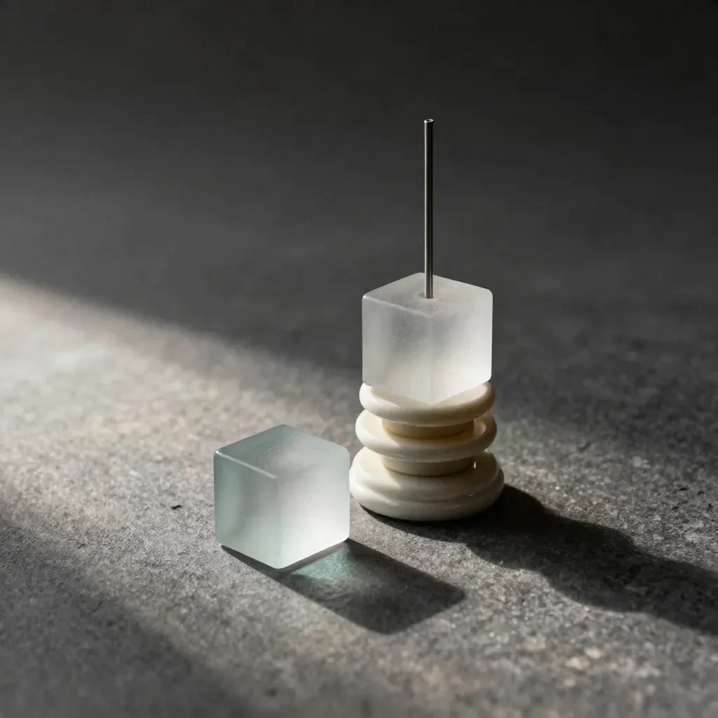 Frosted glass cubes and ceramic spacers stacked with a connector spine on dark stone, lit by soft side light.