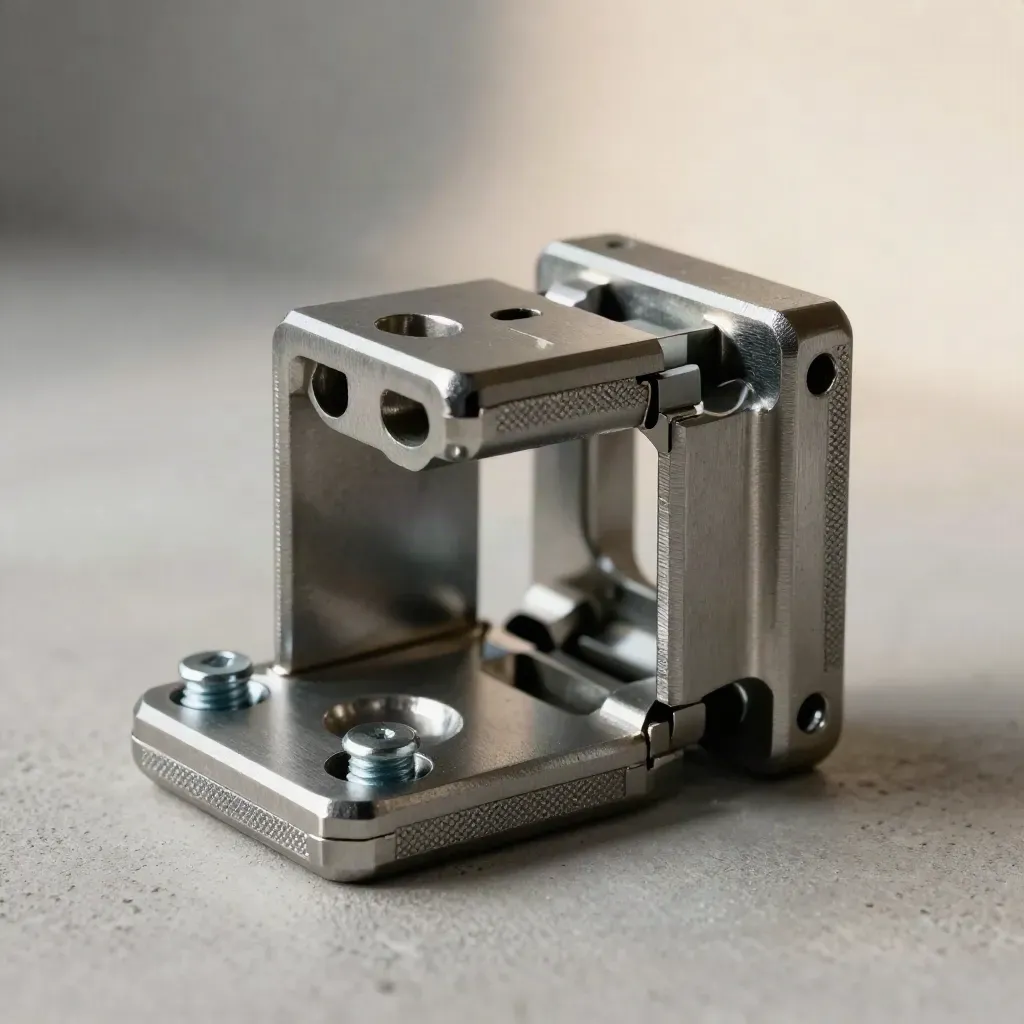 Extreme macro of machined hinge parts closing flush on a matte concrete surface.