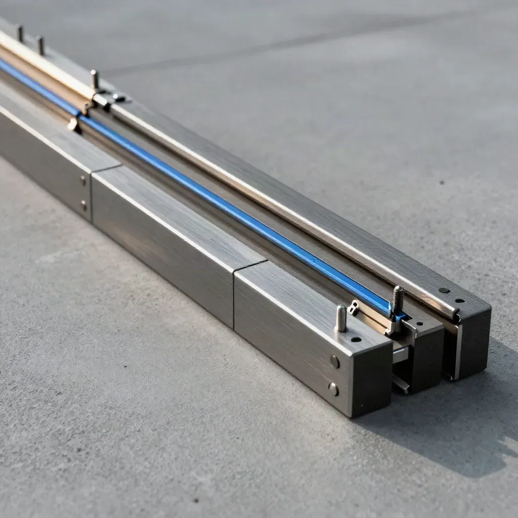 Overhead of modular graphite blocks and a blue bridge plate on concrete.